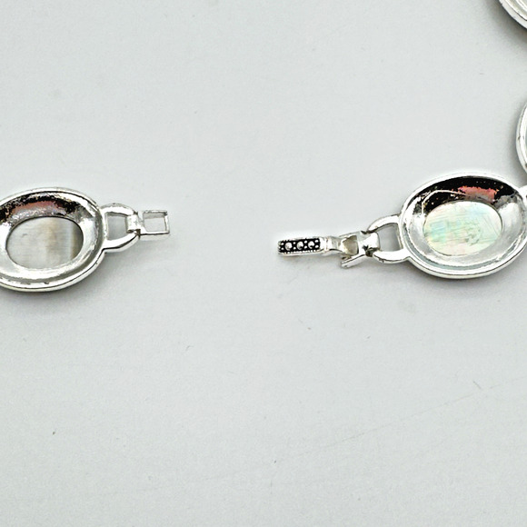 Abalone Shell Necklace Silver Tone Marcasite Halo Oval Link 18" - Picture 6 of 9